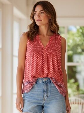 Lucky Brand Boho Sleeveless Top Large Red Print Smocked Festival Summer